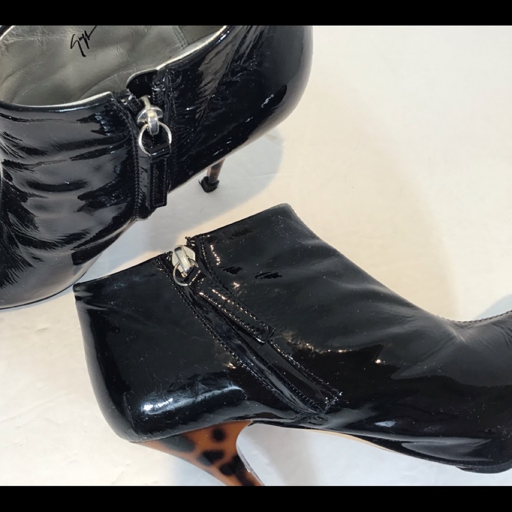 GIUSEPPE ZANOTTI BLK PATENT LEATHER ANKLE BOOTIES LEOPARD HEELS EUR 37.5 US 7.5 - Picture 11 of 16